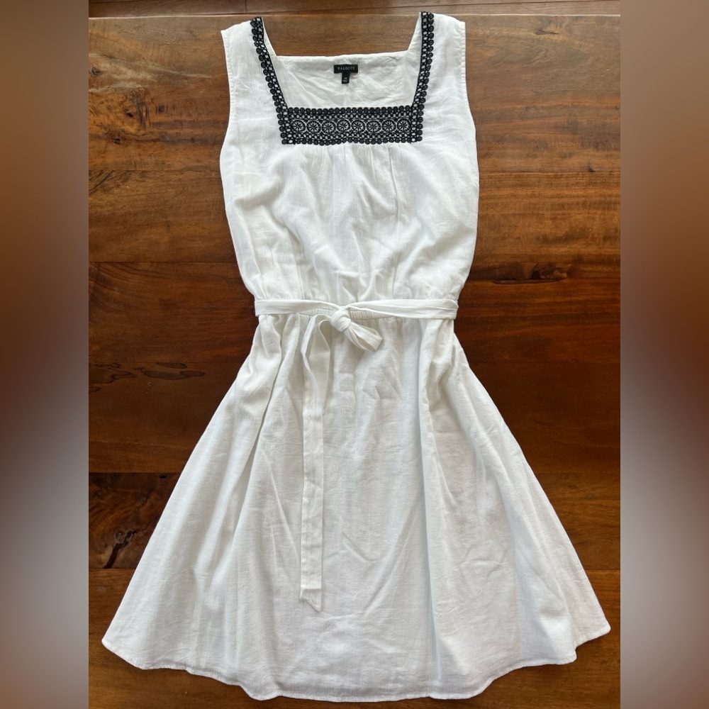 Talbots Cotton Gauze Fit & Flare Belted Dress  Sz 14 White Embroidered